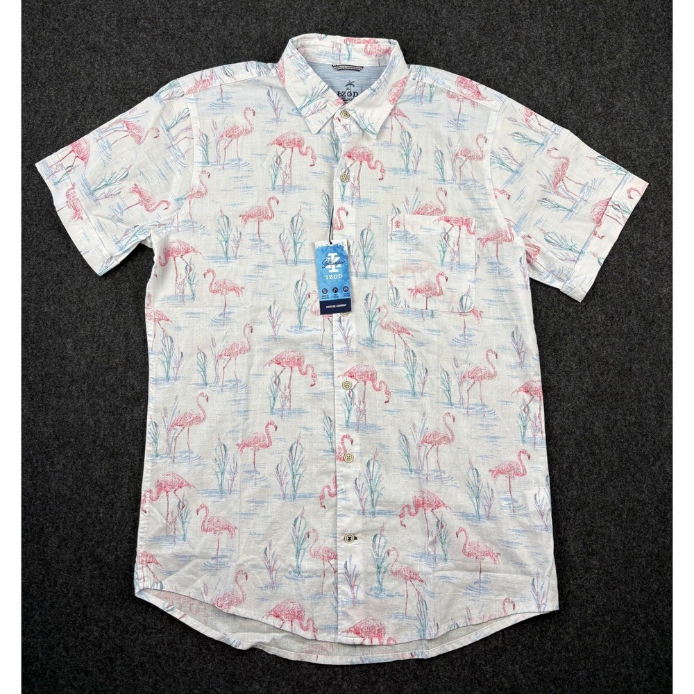 IZOD Saltwater Mens Flamingo Print Short Sleeve Button Down Shirt White Medium